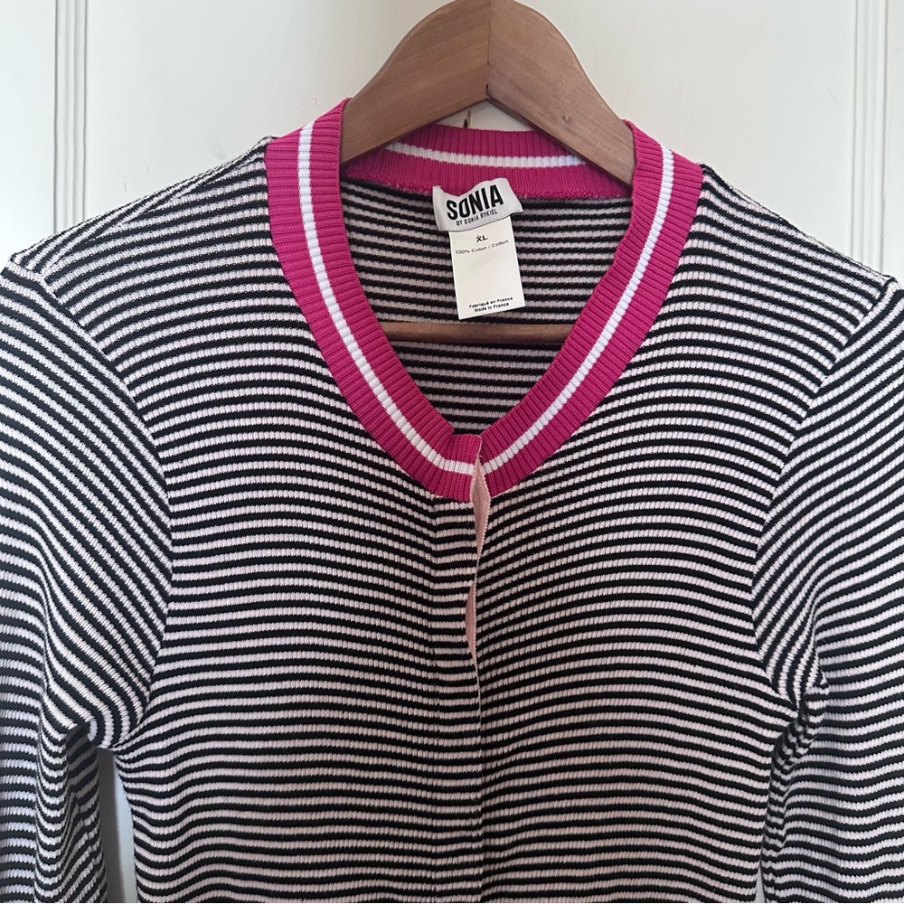 Sonia by Sonia Rykiel Black/White/Pink Striped Cotton Cardigan, Snap Closure
